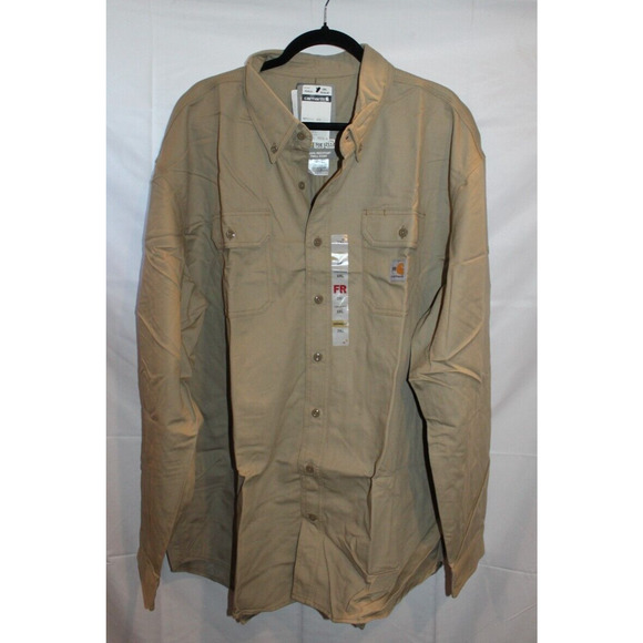 Carhartt Men's Flame Resistant Twill Button-Down Long Sleeve‎ T-Shirt Khaki - Picture 2 of 5
